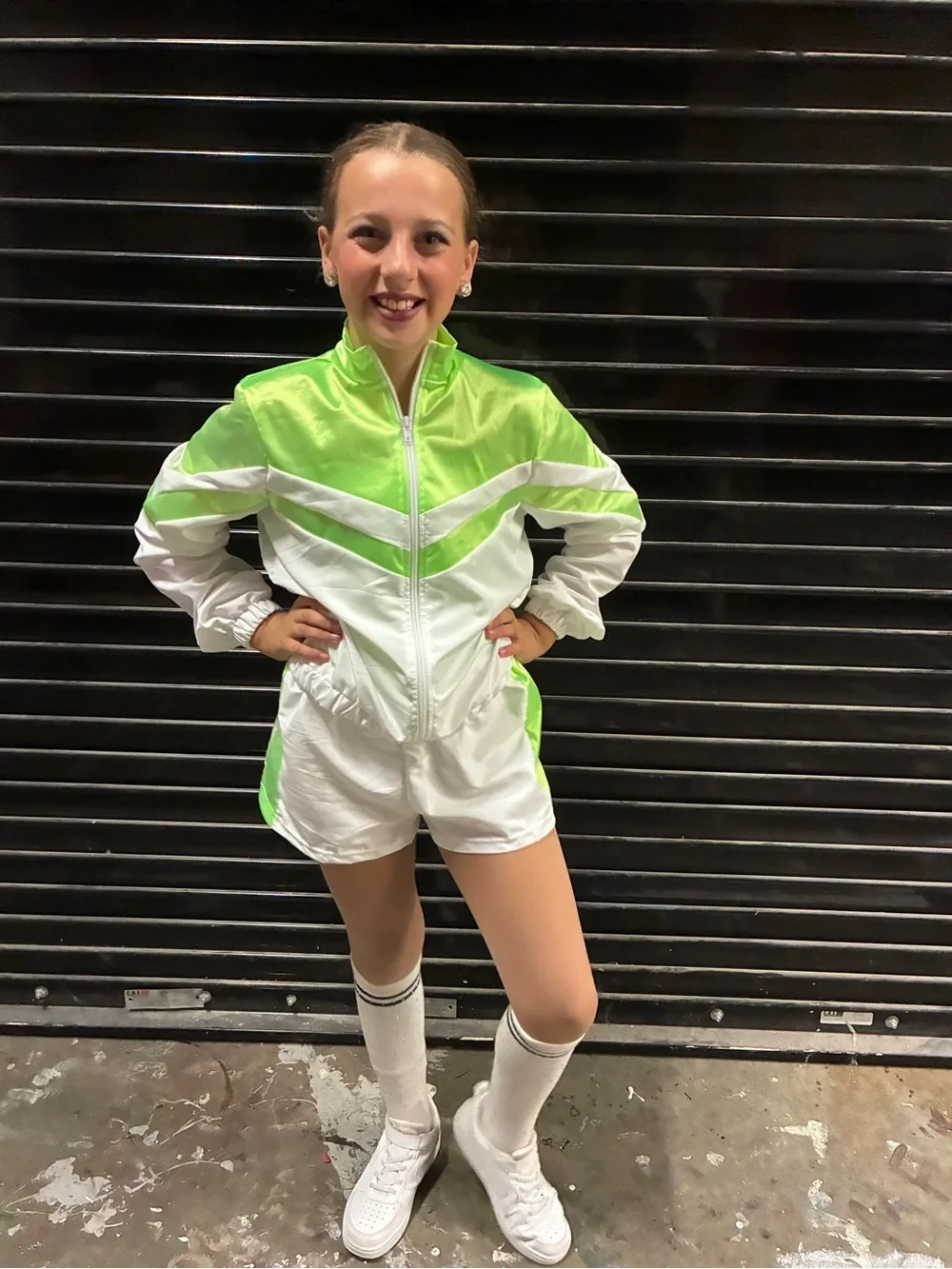 Kids Neon Green & White Dance Costume Jacket and Shorts